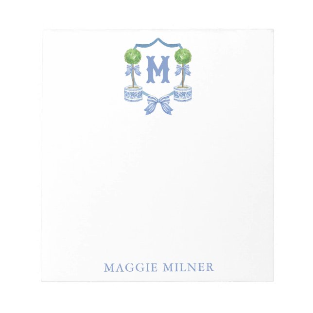 Chinoiserie Watercolor Bow Topiary Monogram Crest Notepad (Front)