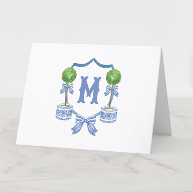 Chinoiserie Watercolor Bow Topiary Monogram Crest Thank You Card (Creator Uploaded)