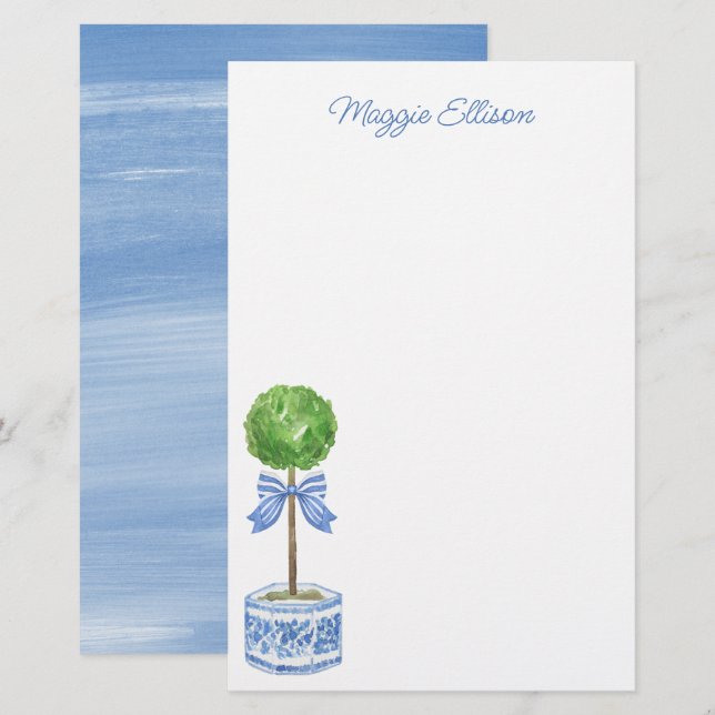 Chinoiserie Watercolor Bow Topiary Stationery (Front/Back)
