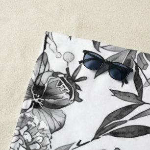 Chinoiserie Watercolor Floral Botanical Painting Beach Towel