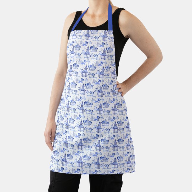 Chinoiserie Watercolor Pagoda Pattern Apron (Insitu)