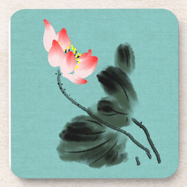 Chinoiserie Watercolor Painting Lotus Floral Coaster (Front)