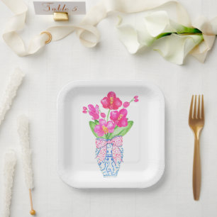 Chinoiserie Watercolor Pink Orchid Ginger Jar Vase Paper Plate