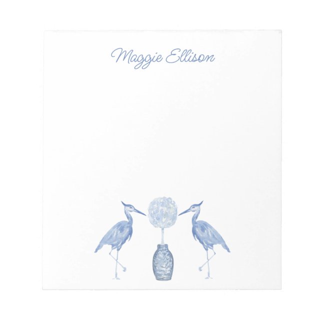 Chinoiserie Watercolor Topiary Blue Heron Notepad (Front)