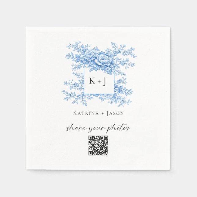 Chinoiserie Wedding Blue Floral QR Share Photos Napkin (Front)