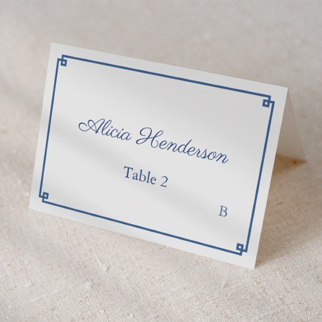 Chinoiserie Wedding Shower Individual Place Card (Dark blue and white greek key border with chinoiserie print backer individual place cards)