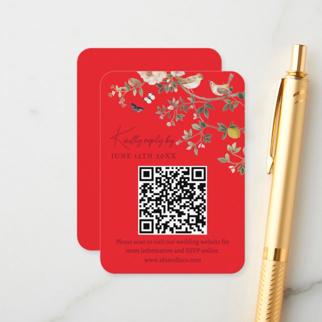 Chinoiserie Wedding Website RSVP QR Code  Enclosure Card (Front/Back In Situ)