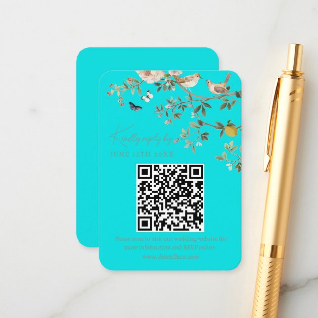 Chinoiserie Wedding Website RSVP QR Code  Enclosure Card (Front/Back In Situ)