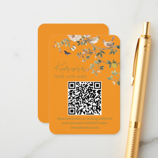 Chinoiserie Wedding Website RSVP QR Code  Enclosure Card (Front/Back In Situ)