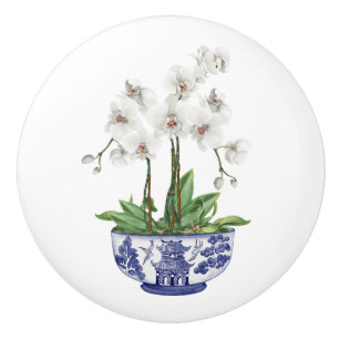 Chinoiserie White Orchid Ceramic Knob