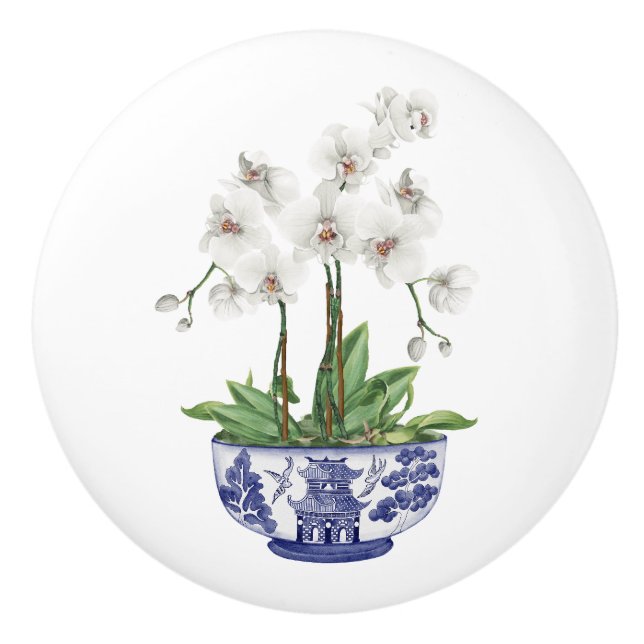 Chinoiserie White Orchid  Ceramic Knob (Front)