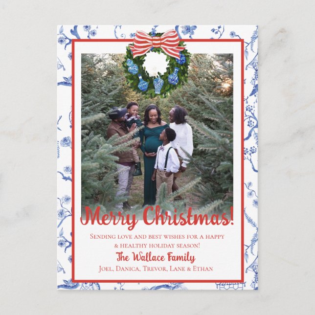 Chinoiserie Wreath, Blue & White Grandmillenial  Holiday Postcard (Front)