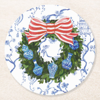 Chinoiserie Wreath, Christmas Ginger Jar, Party Round Paper Coaster