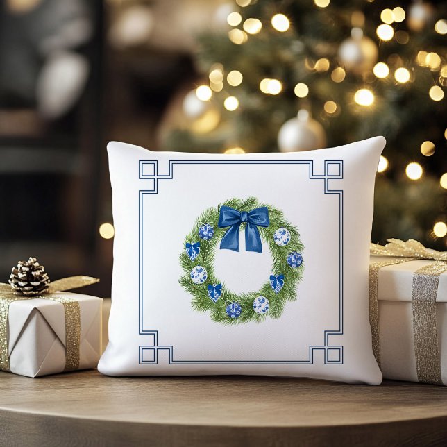 Chinoiserie Wreath Monogram Christmas Holiday Cushion (Chinoiserie Christmas wreath monogrammed pillow)