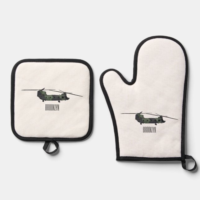Chinook army helicopter cartoon illustration oven mitt & pot holder set (Front)