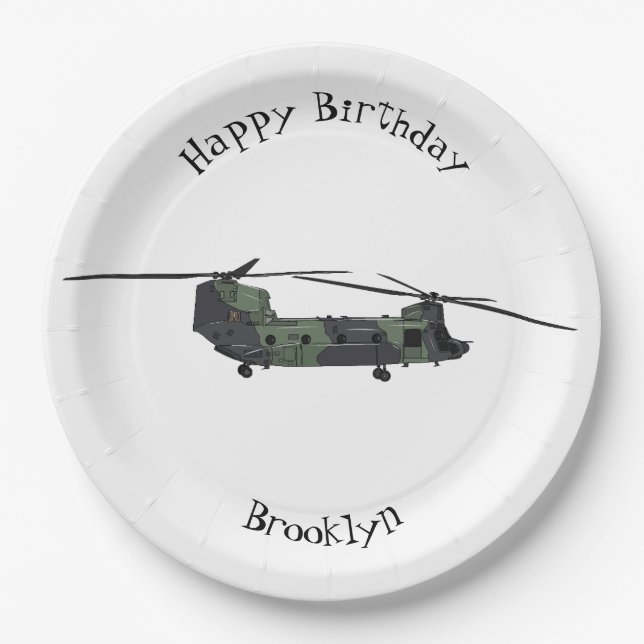 Chinook army helicopter cartoon illustration paper plate (Front)