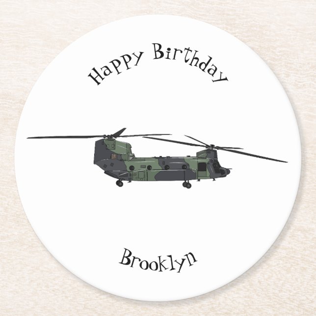 Chinook army helicopter cartoon illustration round paper coaster (Front)