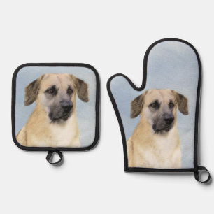 Chinook Drop Ear Painting Original Sled Dog Art Oven Mitt & Pot Holder Set
