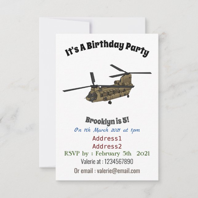 Chinook military helicopter illustration invitation (Front)