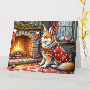 Chinook Sitting by Fireplace with Christmas Lights Card