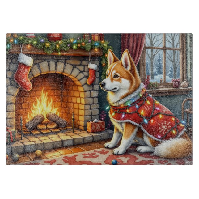 Chinook Sitting by Fireplace with Christmas Lights Cutting Board (Front)