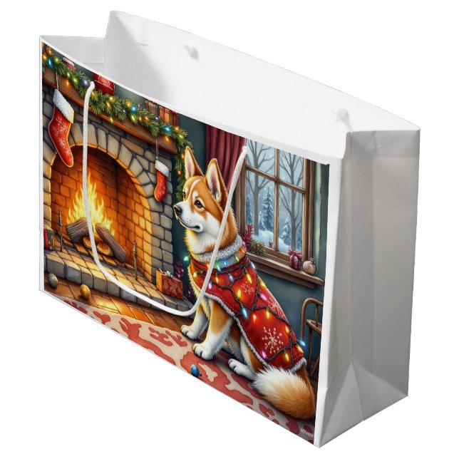 Chinook Sitting by Fireplace with Christmas Lights Large Gift Bag (Front Angled)