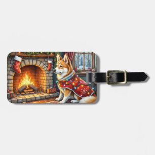 Chinook Sitting by Fireplace with Christmas Lights Luggage Tag