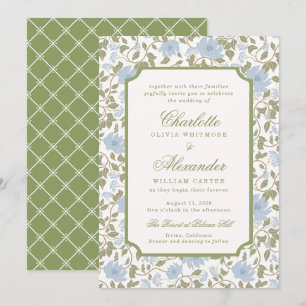Chintz Lotus Floral Sage Blue Wedding Invitation
