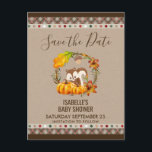 Chipmunk and Pumpkins Fall RusticSTD Announcement Postcard<br><div class="desc">A baby shower or birthday save the date postcard with a cute chipmunk standing behind some orange watercolor pumpkins. A foliage wreath surrounds them with an oak leaf and orange flowers and other sprigs and leaves. The background is a digital image of a rough paper texture. The top and bottom...</div>