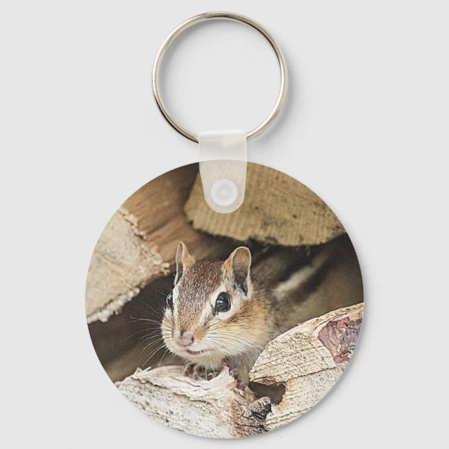 Chipmunk in a wood pile key ring (Front)