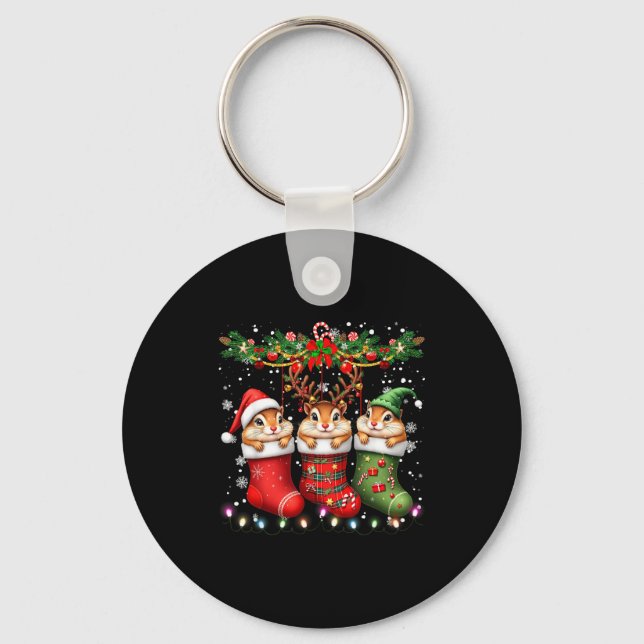 Chipmunk In Christmas Socks Lights Chipmunk Xmas  Key Ring (Front)