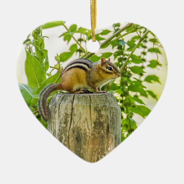 Chipmunk on a Fence Post Ceramic Tree Decoration (Front)