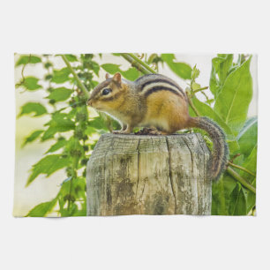 Chipmunk on a Fence Post Facing Left Tea Towel