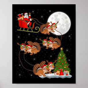 Chipmunk Santa Sleigh Flying Funny Magical Christm Poster