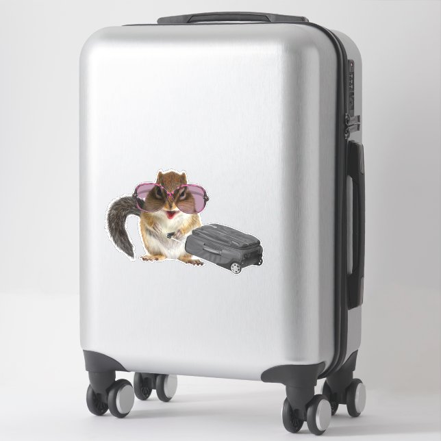 Chipmunk wearing sunglasses and holding baggage. (Suitcase)
