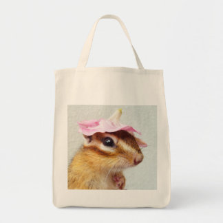 Chipmunk wears flower hat tote bag