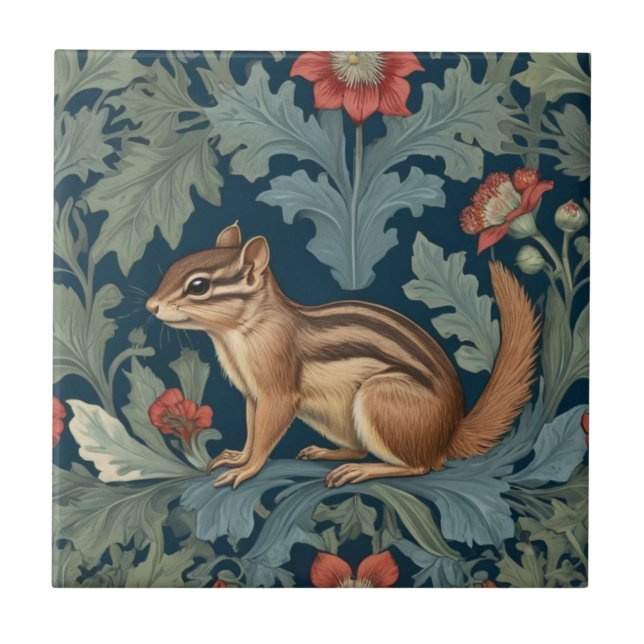 Chipmunk William Morris style Left Facing Leafy Tile (Front)