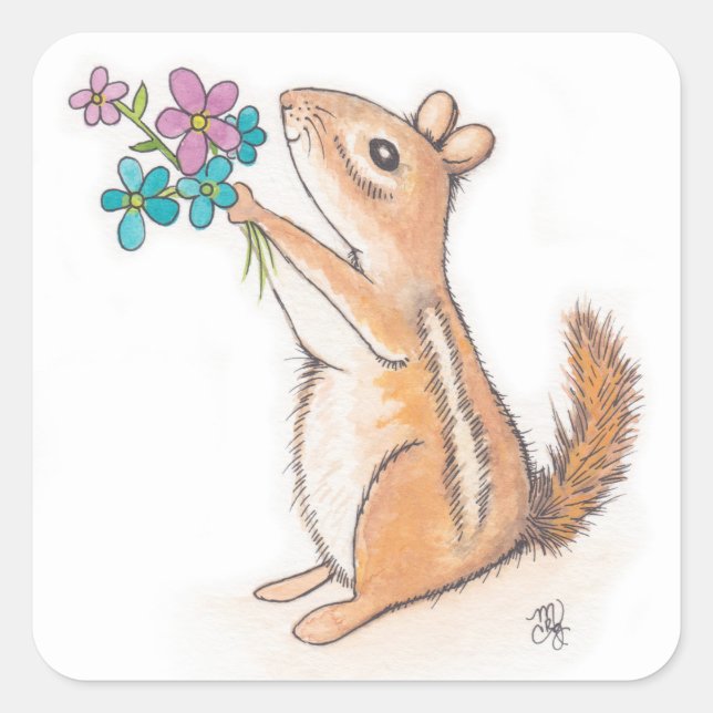 Chipmunk with Flower Bouquet Square Sticker (Front)