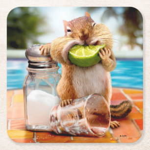 Chipmunk With Lime Square Paper Coaster