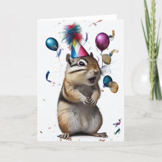 Chipmunk with Party Hat Folded Greeting Card