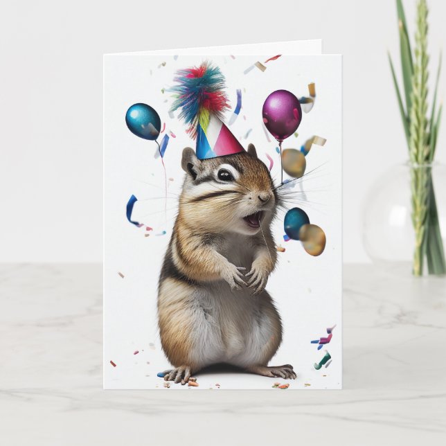 Chipmunk with Party Hat Greeting Card (Front)