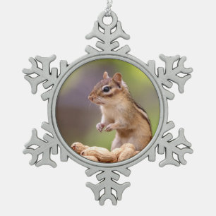 Chipmunk with peanuts snowflake pewter christmas ornament