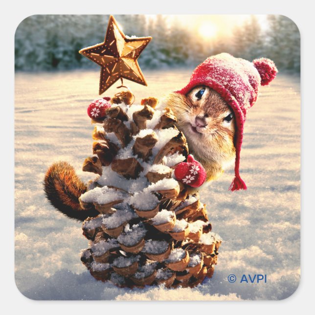 Chipmunk With Pine Cone Tree Square Sticker (Front)