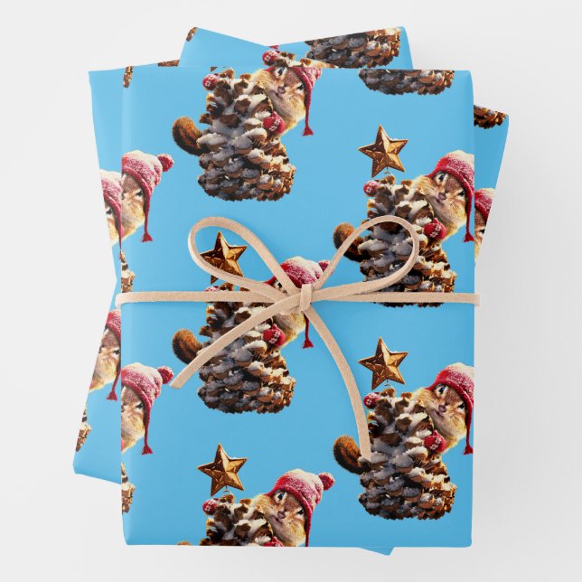 Chipmunk With Pine Cone Tree Wrapping Paper Sheet (In situ)