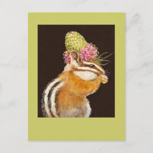 chipmunk with prairie clover hat on postcard
