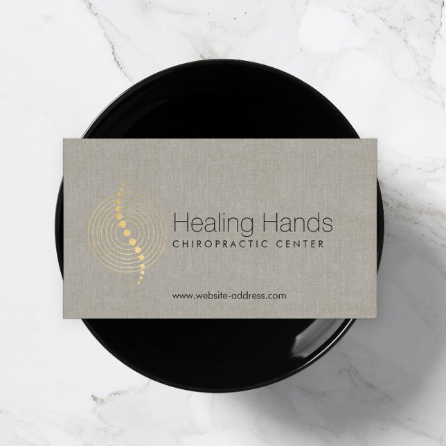 Chiropractic Abstract Gold Circles Logo on Linen Business Card (Creator Uploaded)