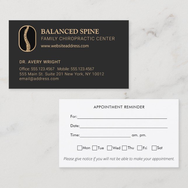 Chiropractic Chiropractor Appointment Black Business Card (Front/Back)