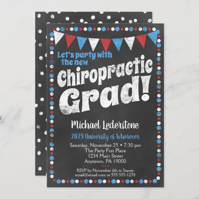 Chiropractic Graduation Party Invitation Red Blue (Front/Back)