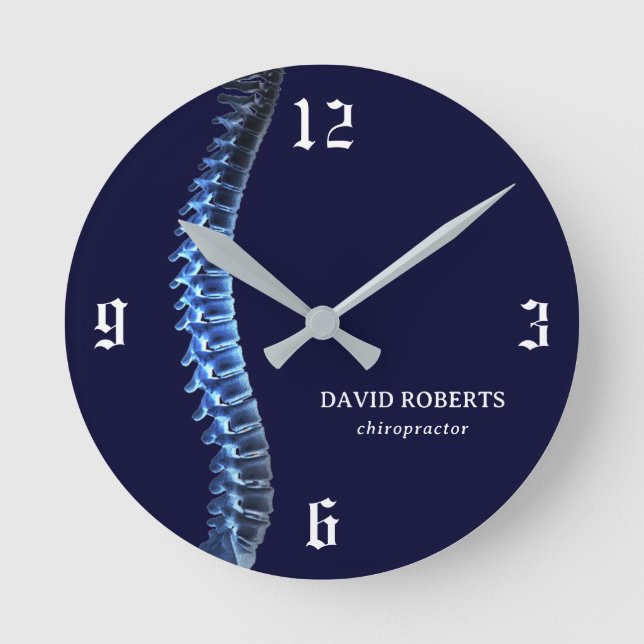 Chiropractic X-ray Spine Chiropractor Navy Blue Round Clock (Front)