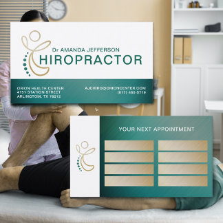 Chiropractor Spine Logo Teal and Gold Appointment Business Card